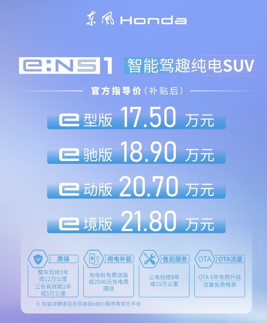 最高续航510km，车名很奇怪，本田纯电动e:NS1你喜欢吗?