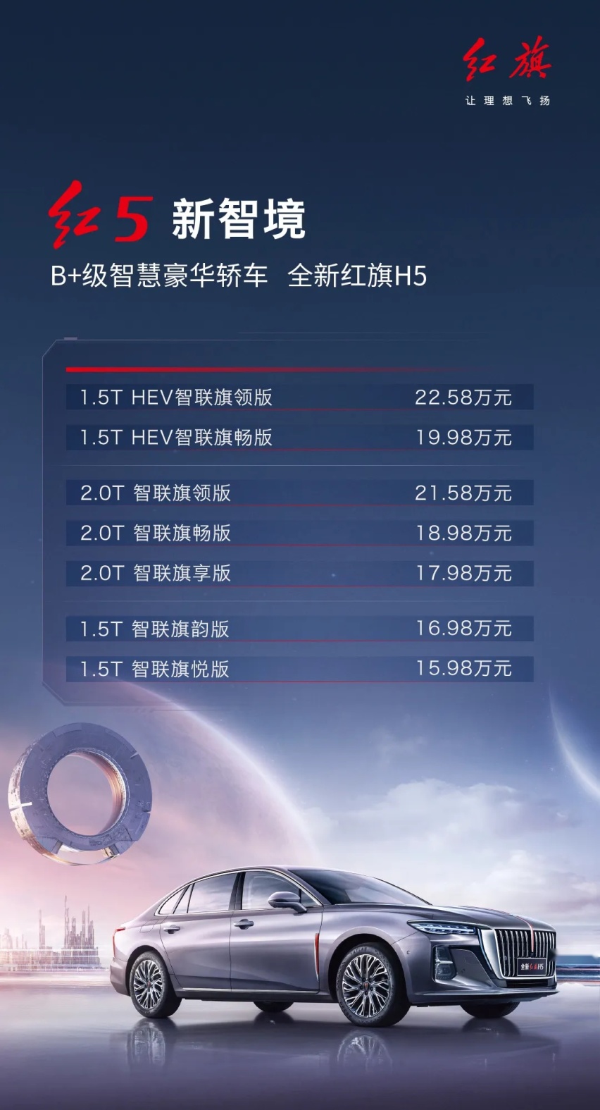 15.98万起，全新一代红旗H5主打豪华、舒适，三种动力可选
