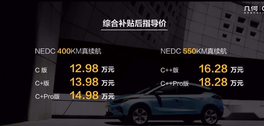 最长续航550km，起价12.98万元，吉利几何C正式上市