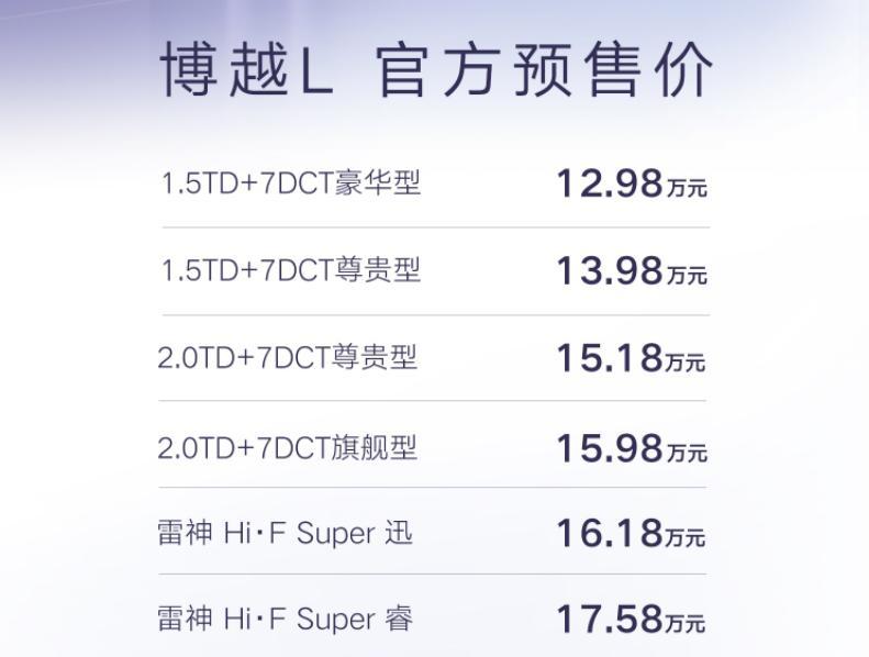 雷神混动等三款动力同步发售  吉利博越L预售价12.98万元起