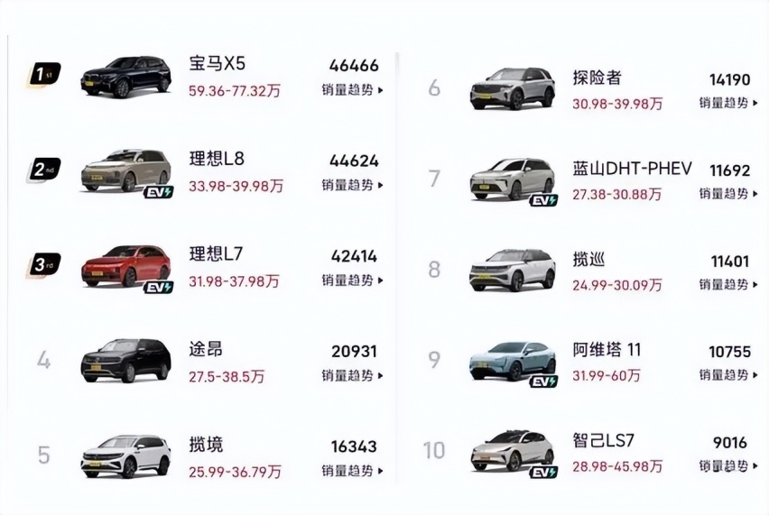 上半年中大型SUV销量排行 宝马X5秒杀对手 理想包揽二三