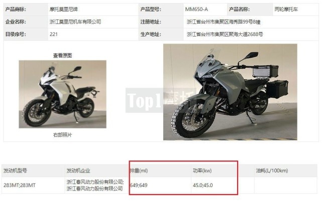 最大马力61匹 配鲍鱼卡钳 摩托莫里尼650ADV现身工信部