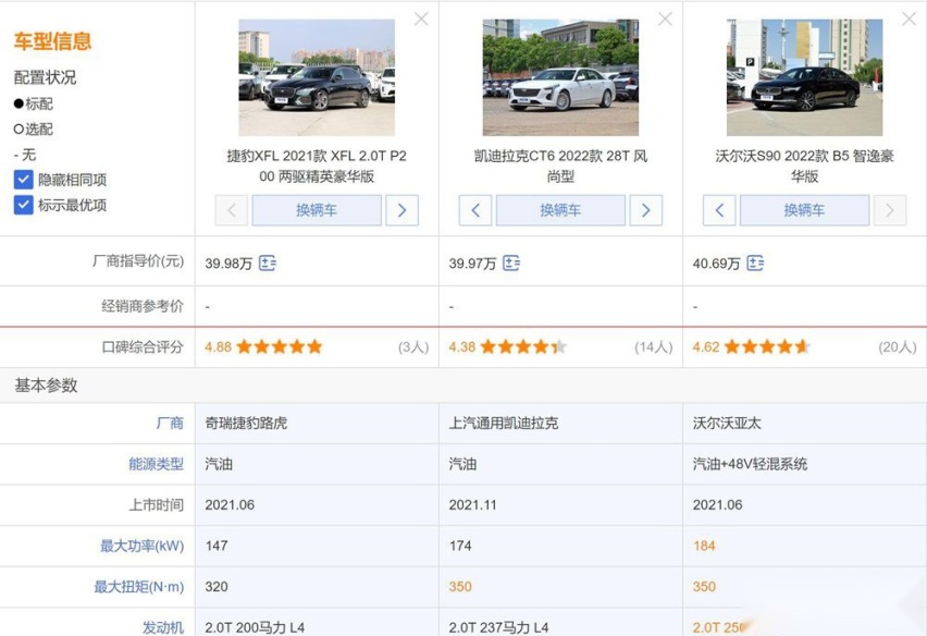 二线豪华行政车对比 XFL、CT6、S90选谁