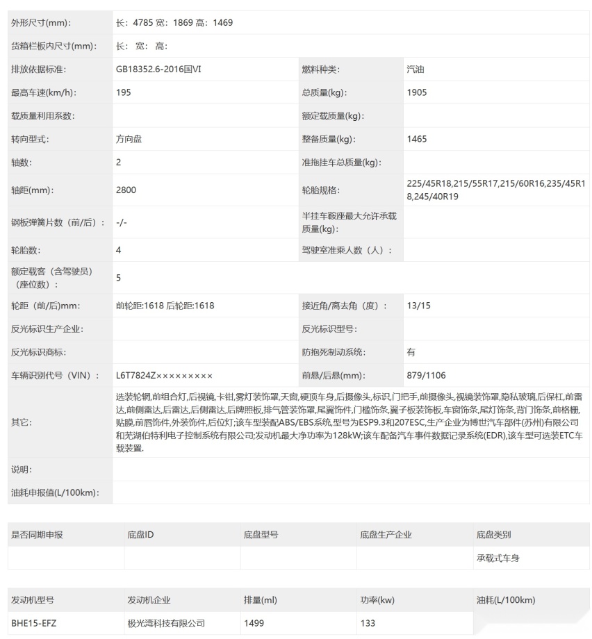 换装1.5T发动机 新款吉利星瑞申报信息曝光 价格更便宜？
