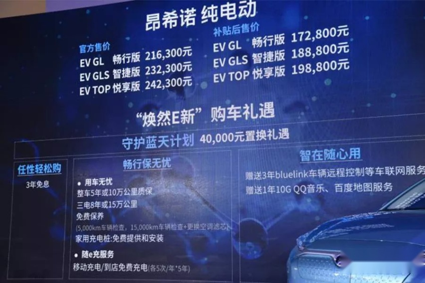 北京现代昂希诺EV正式上市，续航达500公里
