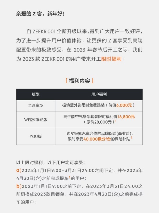 还买啥特斯拉？极氪001推出开工限时福利，空气悬架选装只需六折！