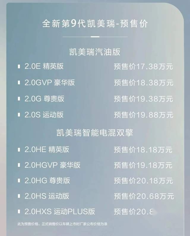 17.38万元起，全面升级的第9代凯美瑞开启预售