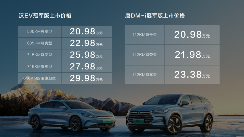 标配升级，新增冰川蓝配色，汉、唐冠军版来了！售价20.98万元起