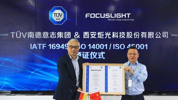 TUV南德孙建军先生（左）为炬光科技颁发证书