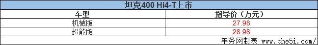都市机能越野SUV 坦克400 Hi4-T正式上市 售27.98万元