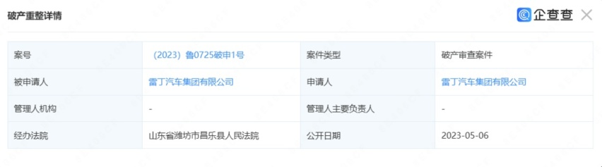 雷丁汽车申请破产，曾三年蝉联低速电动车销冠