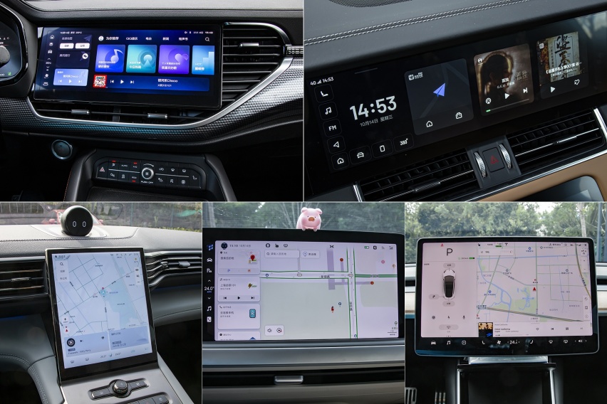 左上：哈弗F7；右上：理想ONE；左下：蔚来ES6；中间：小鹏P7；右下：特斯拉Model 3