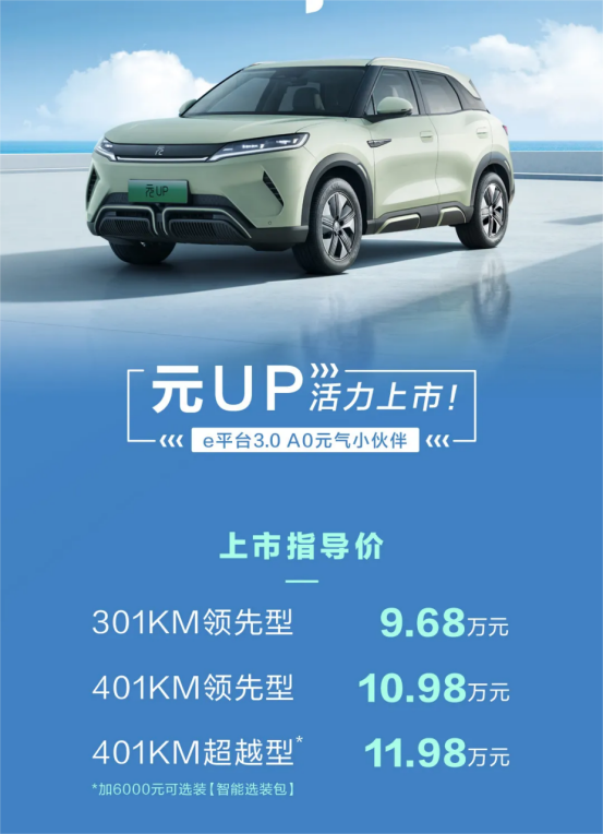 9.68万起售，比亚迪元UP上市：A0级纯电SUV,纯电续航401km