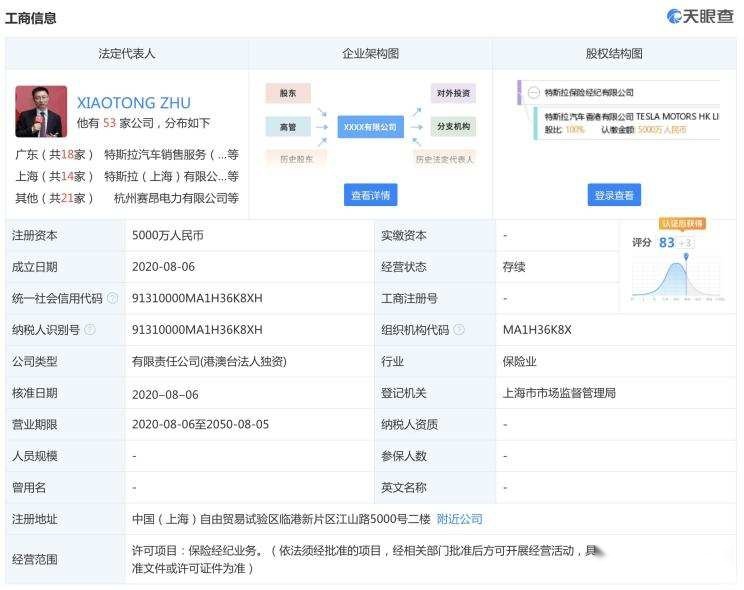 颠覆行业？特斯拉在华成立保险经纪公司，注册资本高达5000万