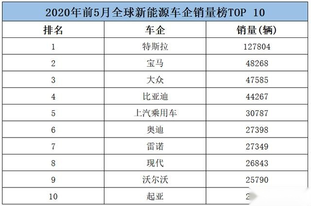 特斯拉一马当先，比亚迪暂列第四，前5月新能源车企销量