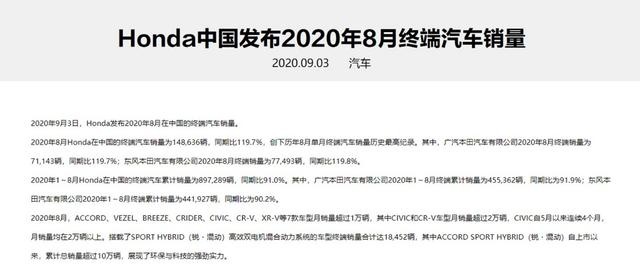 连续两月销量同比上涨近20%。本田即将开启