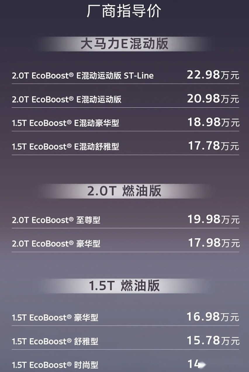 新增1.5T混动舒雅型仅需17.78万 2025款福特蒙迪欧上市