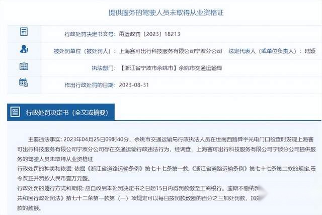 上汽集团旗下享道出行宁波分公司被罚 驾驶员未获证提供服务