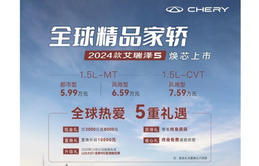 入门家轿卷王！动力升/油耗降，奇瑞2024款艾瑞泽5售5.99万元起