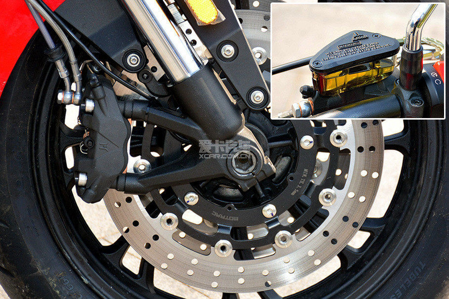 摩瑞mv-800前刹车采用双盘式对向双活塞辐射卡钳,搭配西班牙西互刹车