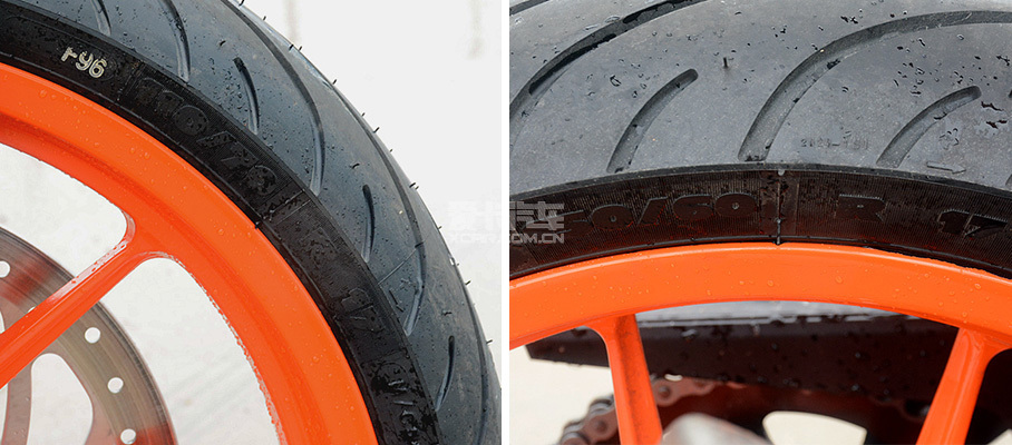 2018款rc390前轮胎规格为110/70 r17,后轮胎规格为150/60 r17.