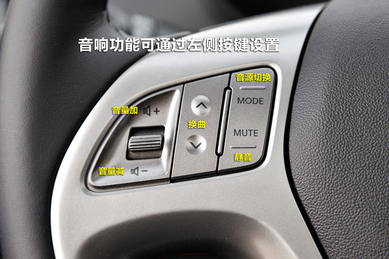 ix35 2010款 ix35前排 通过左侧按键您可手不离开方向盘调节音响功能